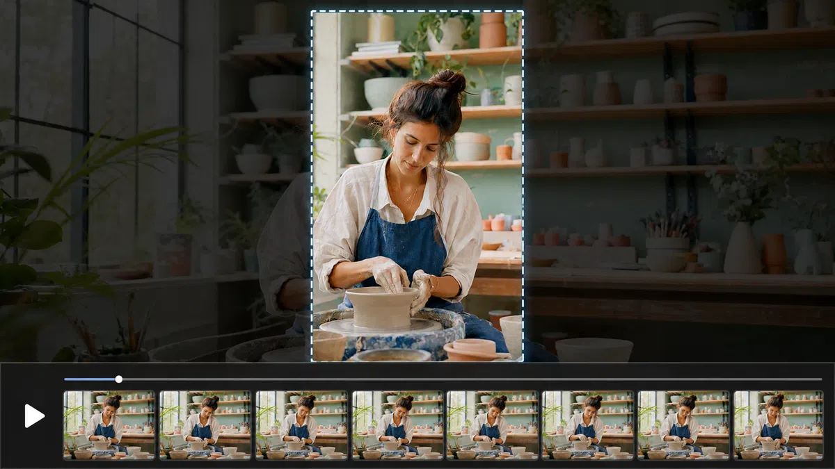 Pottery creator video shown with a centered 9:16 safe frame and gray timeline playhead
