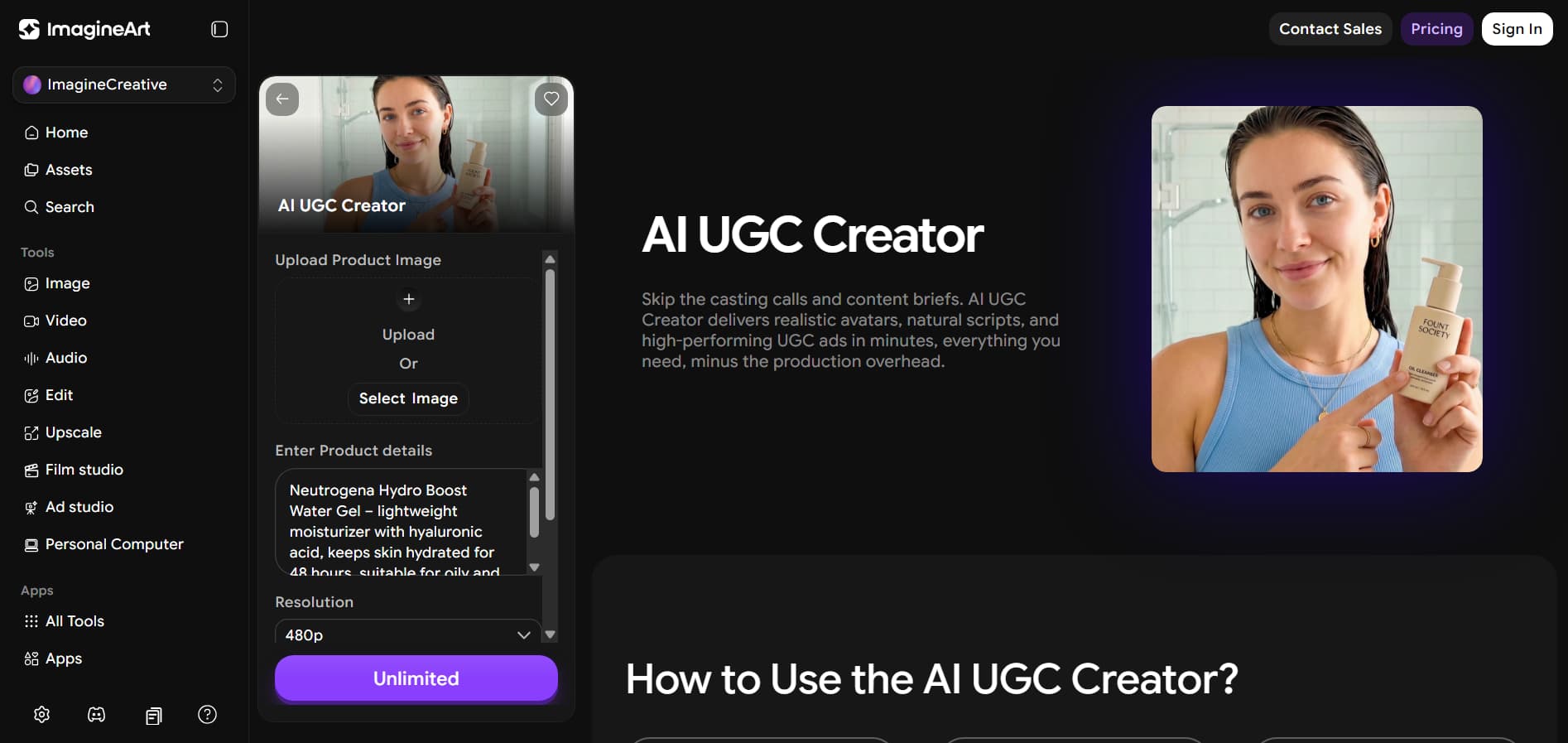 ImagineArt AI UGC creator