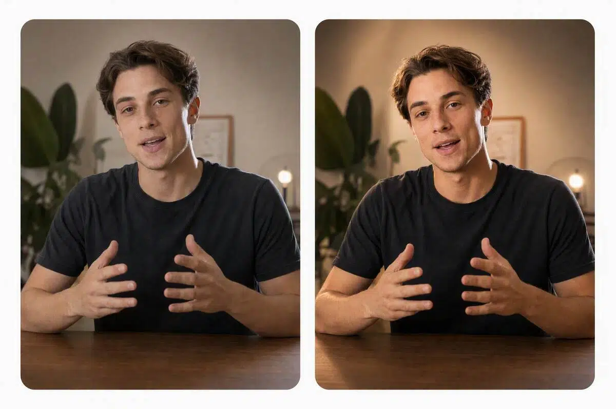 Before-and-after AI relighting of a talking-head portrait