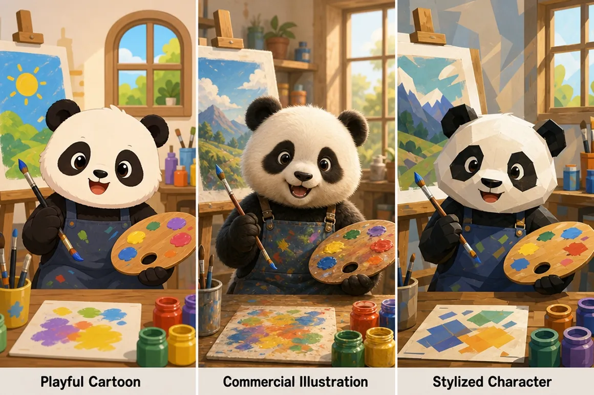 Cartoon panda artwork in playful, commercial, and stylized character styles