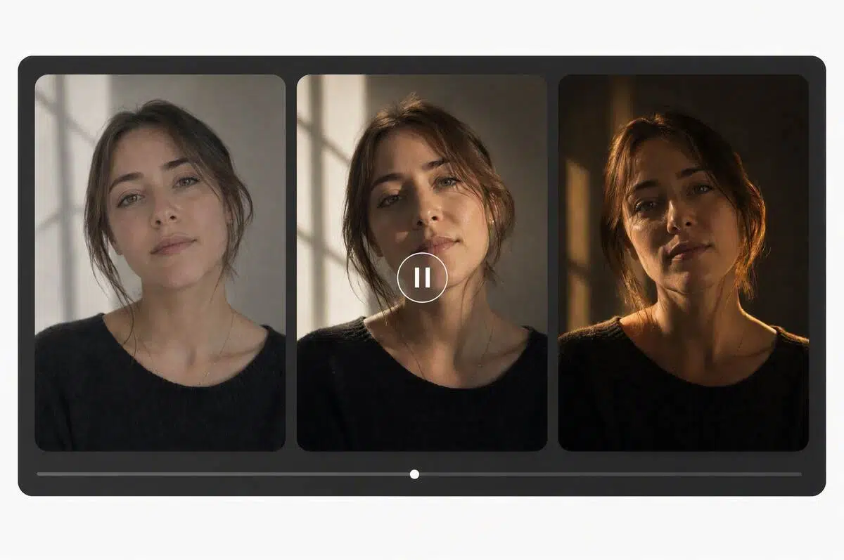 AI video relighting preview showing three lighting treatments on a portrait