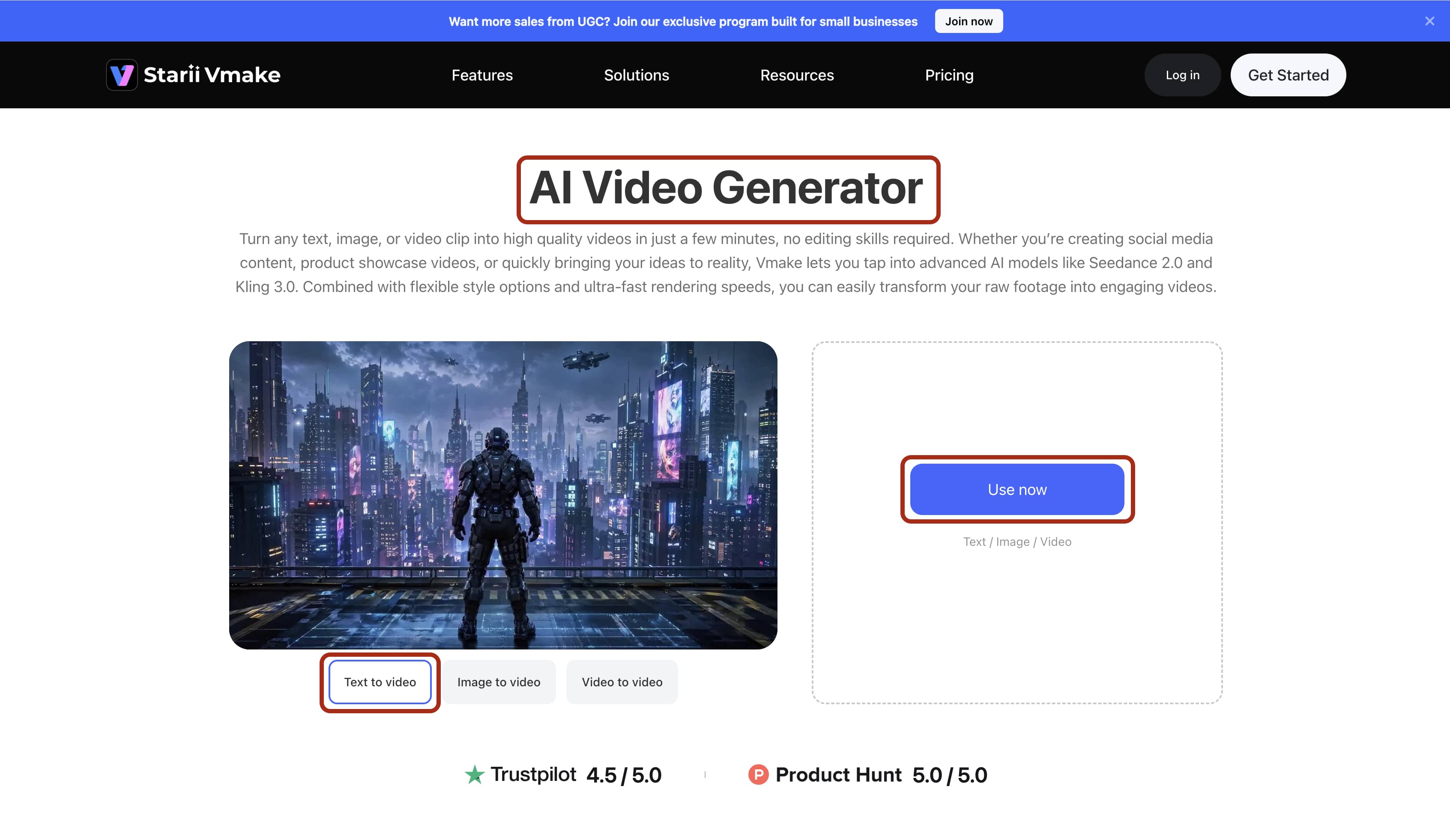 Navigate to the AI Video Generator dashboard, select 'Text to Video' and click 'Use Now' to generate the video