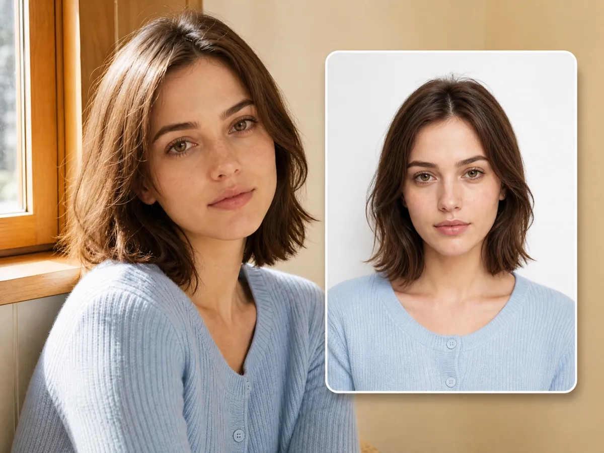Passport photo generator showing a portrait transformed into a passport photo