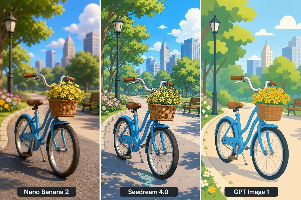 Cartoon bicycle variations across Nano Banana 2, Seedream 4.0, and GPT Image 1