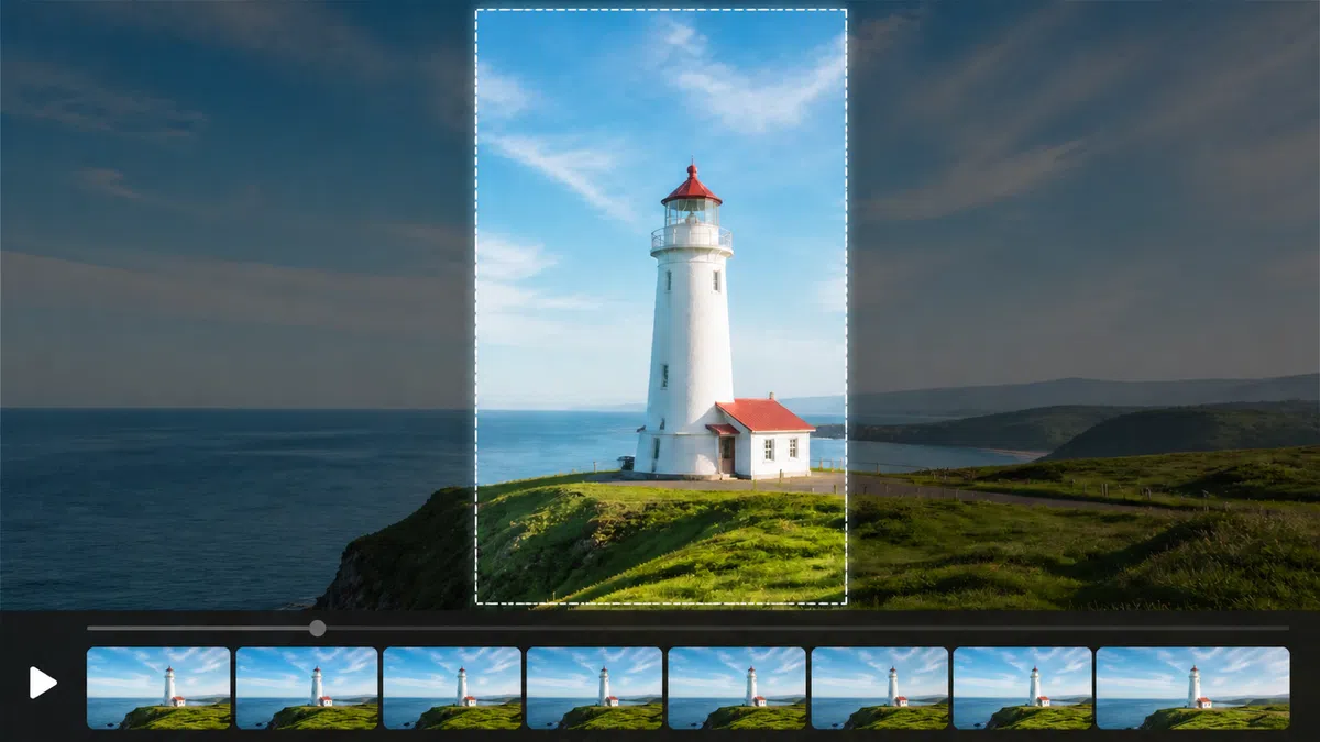 Lighthouse video shown with a centered 9:16 safe frame and gray timeline playhead