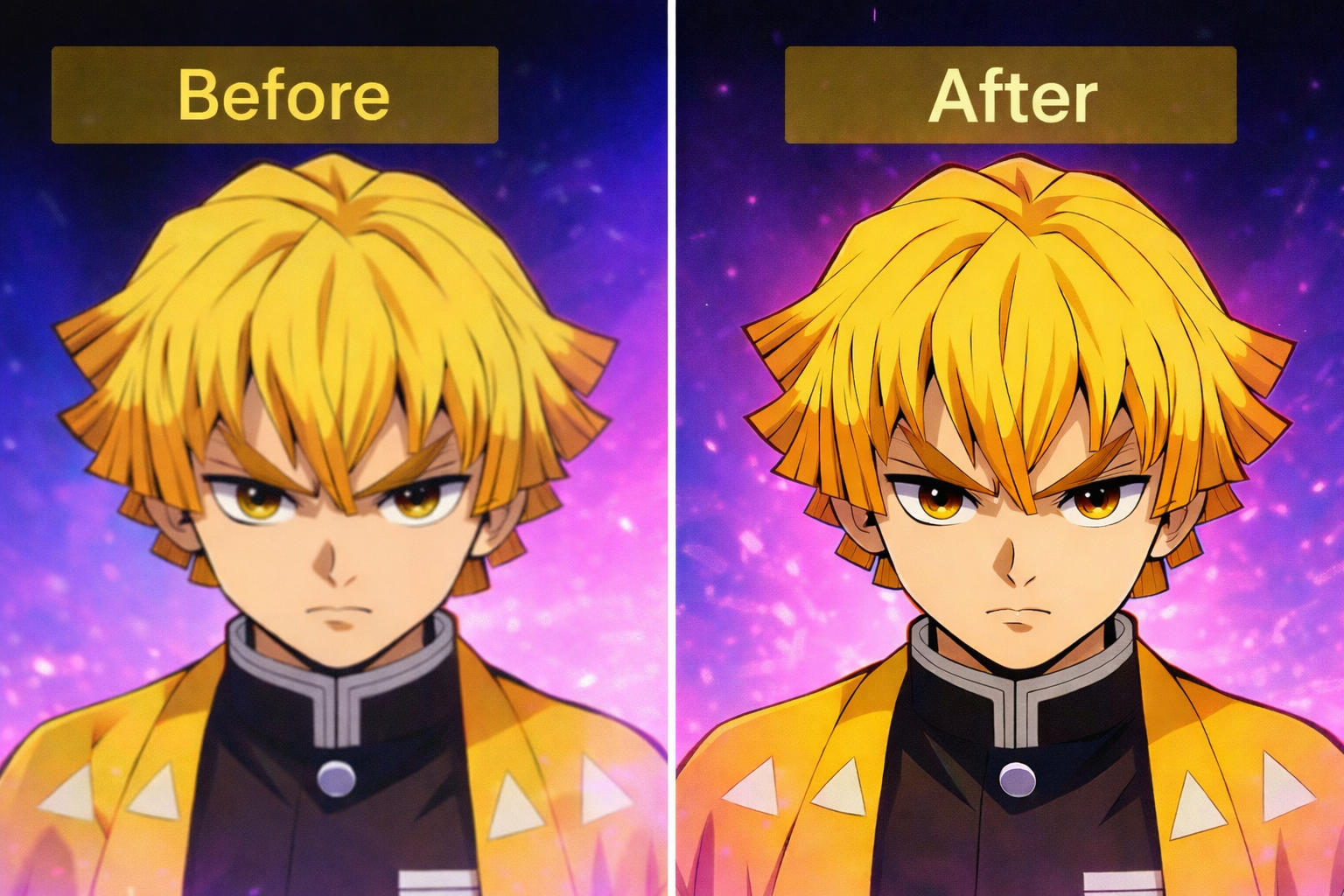 Anime character before and after 4K upscaling comparison