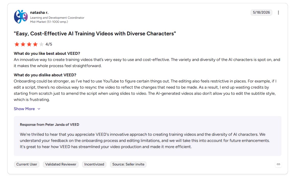G2 review of Veeed AI video generator