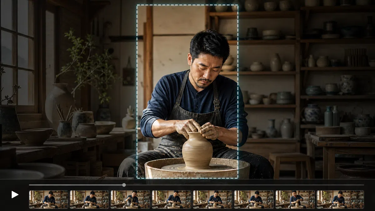 Pottery video shown with a centered 9:16 safe frame and gray timeline playhead
