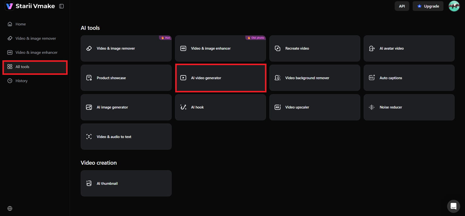Open the AI video generator tool