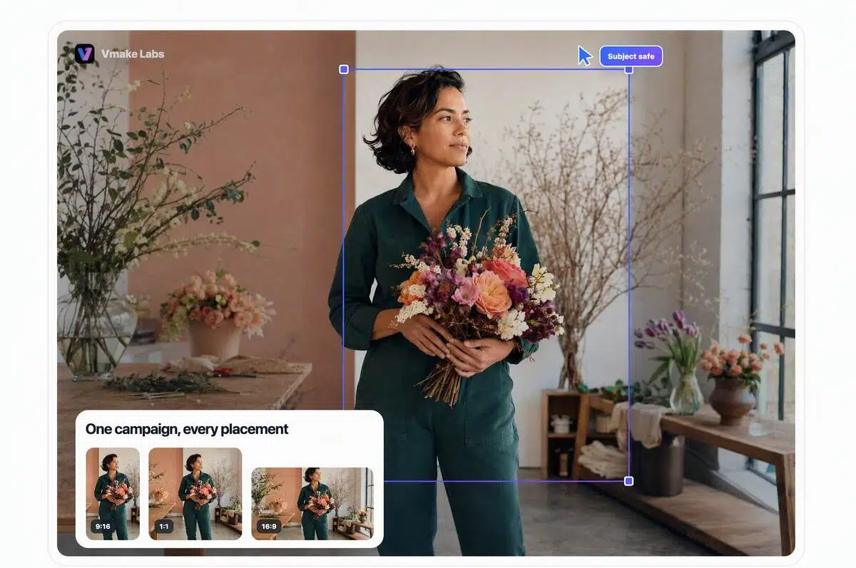 Vmake Labs AI Image Resizer adapting a florist campaign into portrait, square, and landscape layouts