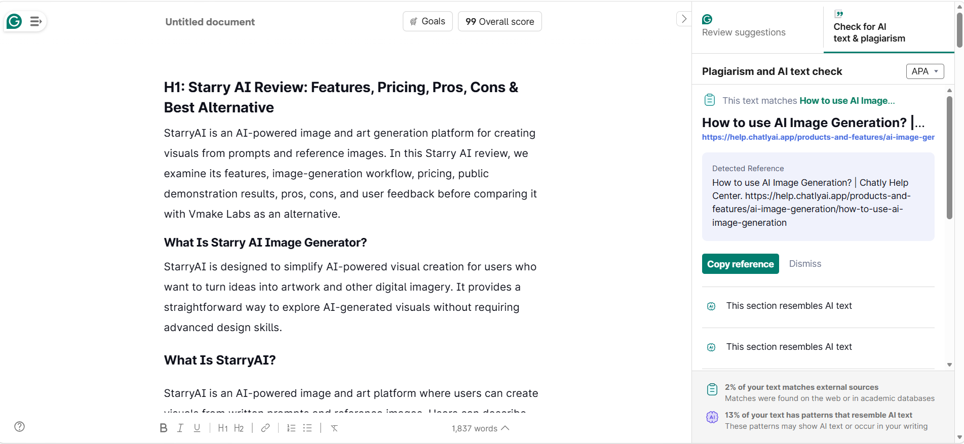 The image shows a document interface with a review of Starry AI. The left side displays the document content, including sections like "What is Starry AI Image Generator?" and "What is Starry AI?". The right side has a "Review suggestions" panel with a "Plagiarism and AI text check" section, showing a detected reference to "How to use AI Image Generation" and a green "Copy reference" button. It also indicates 2% of the text matches external sources and 13% resembles AI text, with some matches from academic databases.