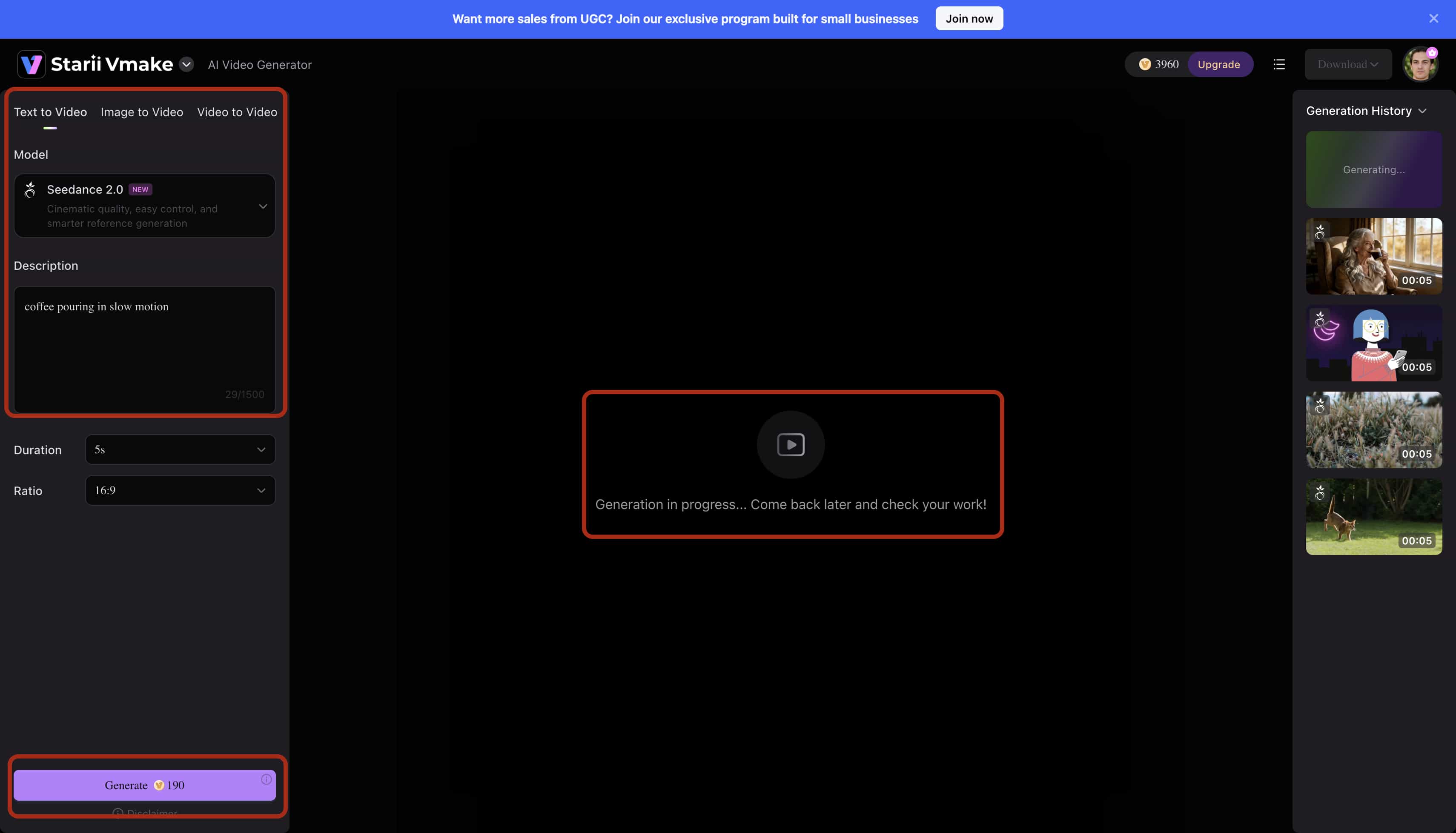 Add the required text command in the 'Text to Video' feature and click 'Generate'