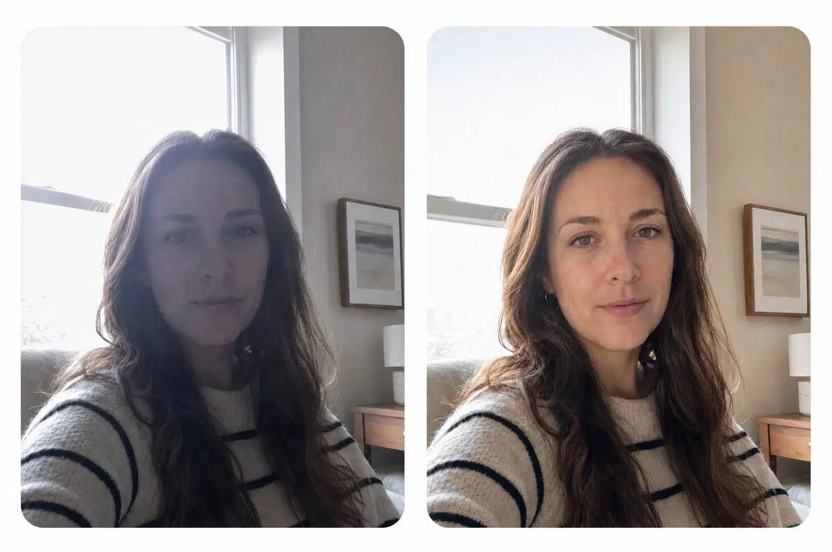 Before-and-after AI relighting of a backlit portrait
