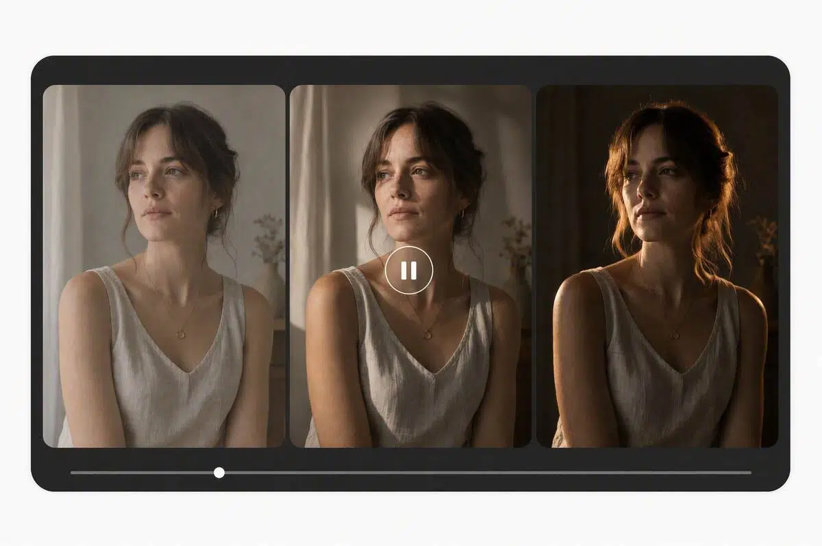 AI video relighting preview showing three portrait lighting treatments