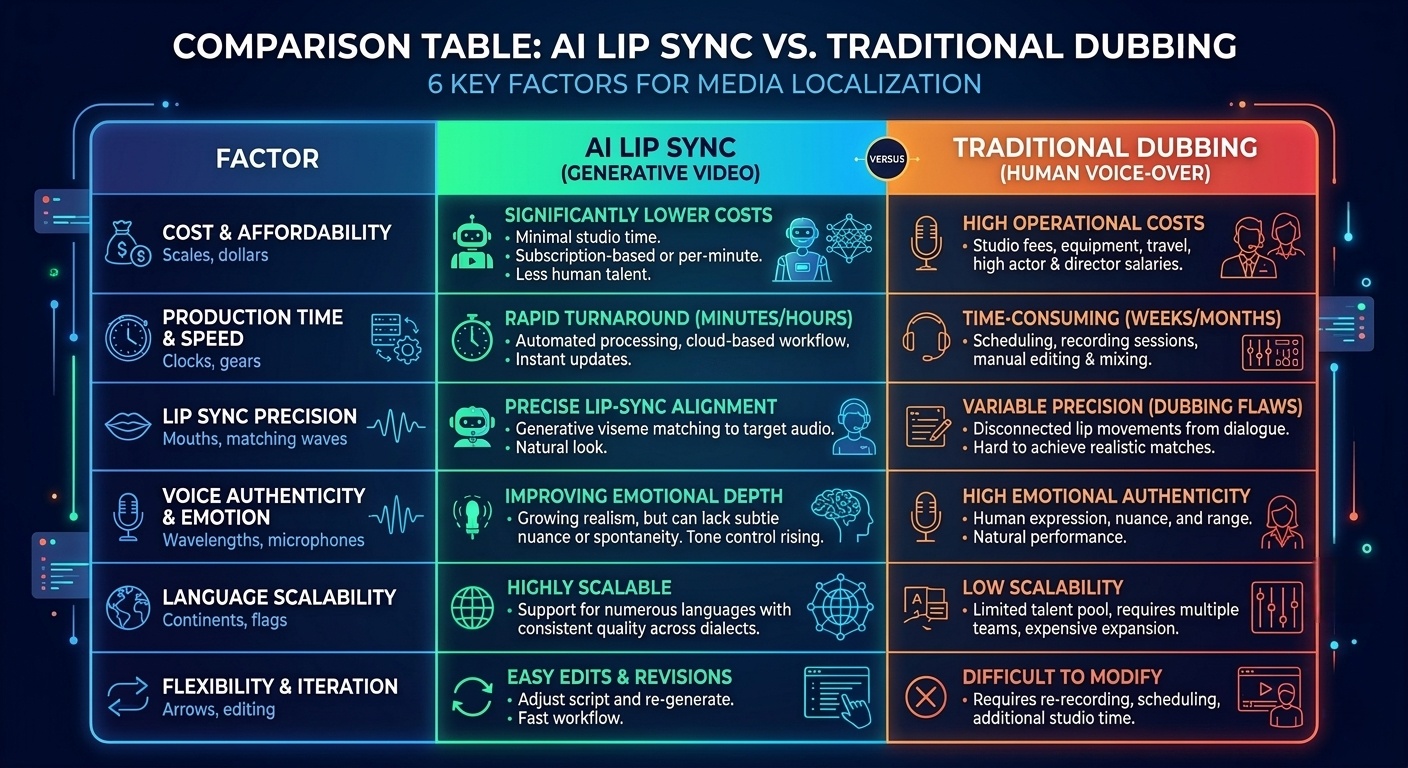 Comparison Table：&nbsp;AI Lip Sync vs Traditional Dubbing
