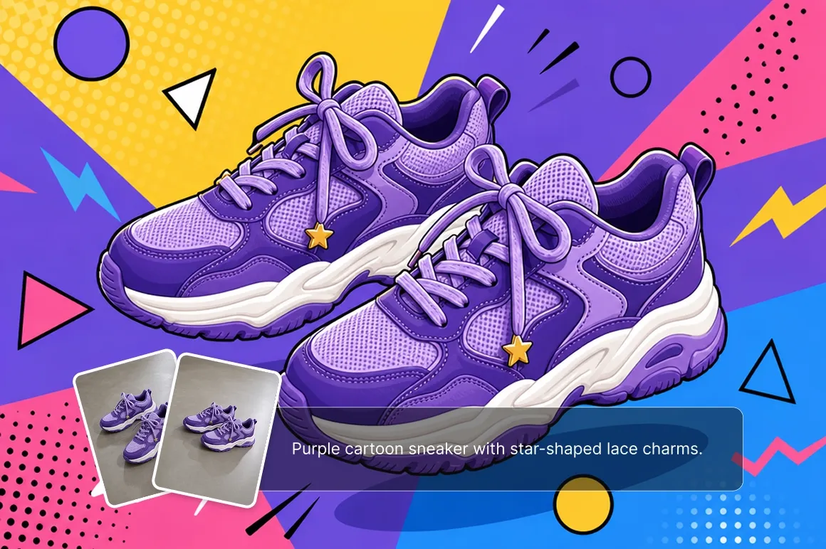 Purple cartoon sneakers created from reference images