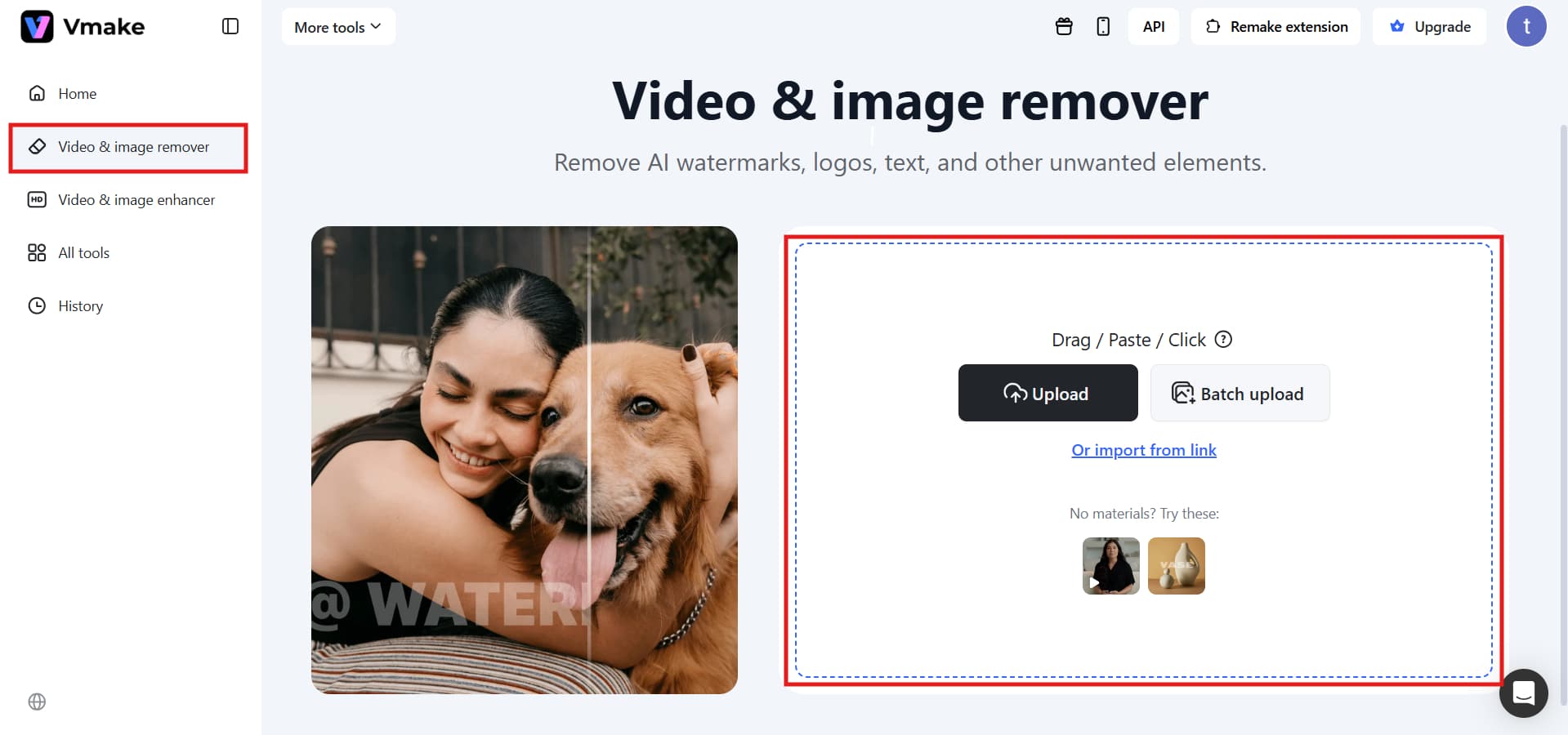 Vmake video and image remover tool interface 