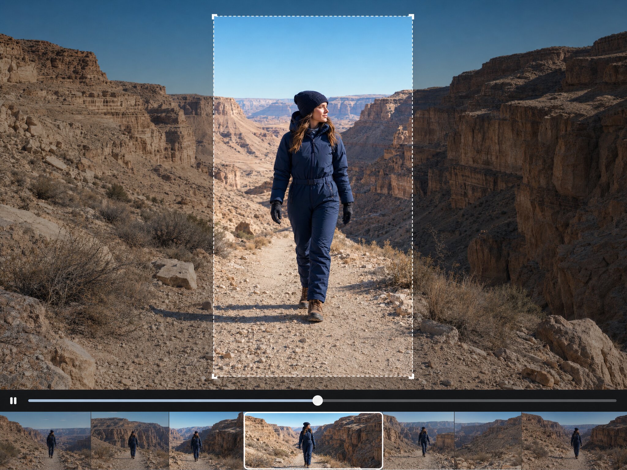 AI video expander preview showing a hiker reframe dinacany on