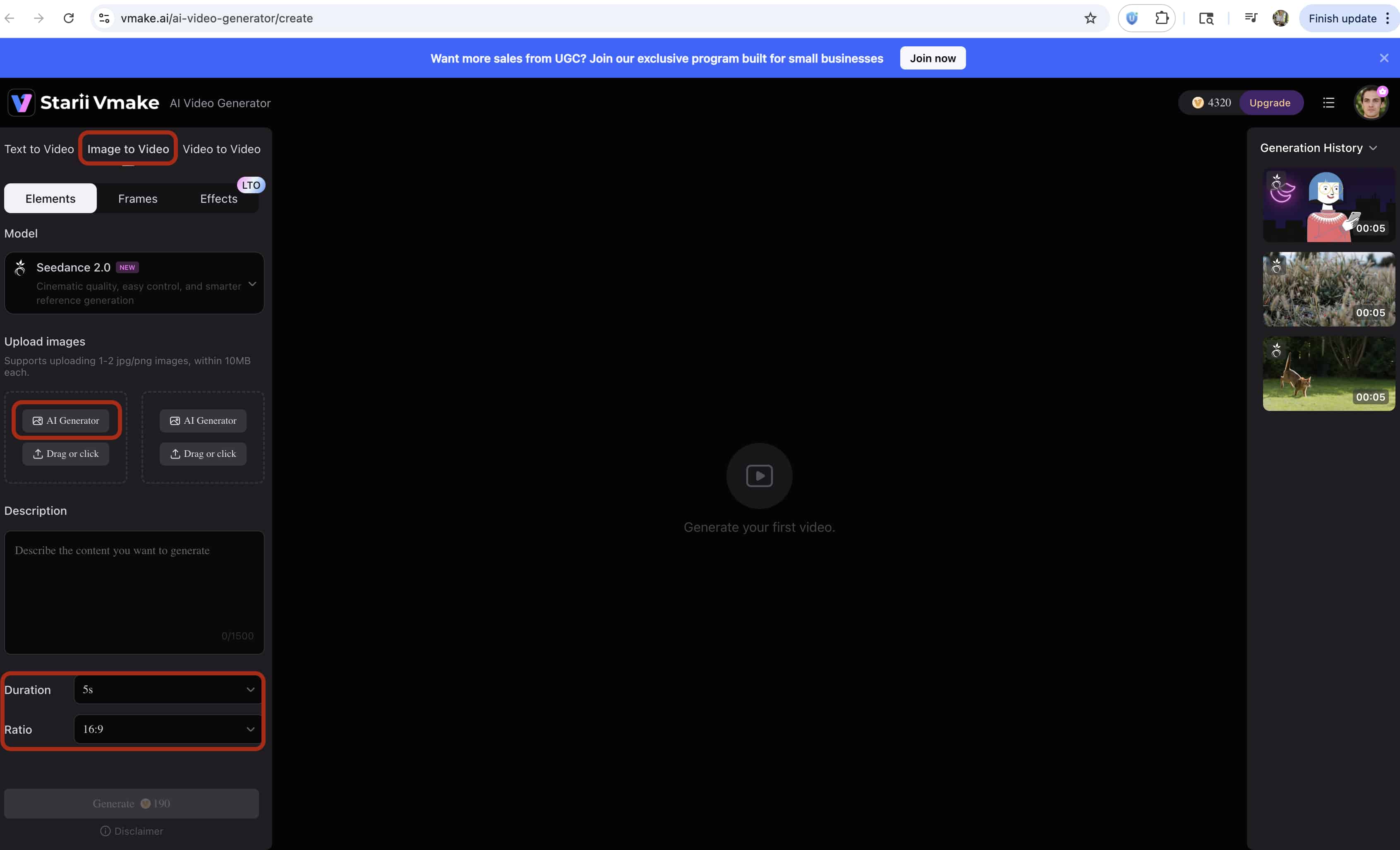 Select aspect ratio, add description command, and 'generate' the AI video