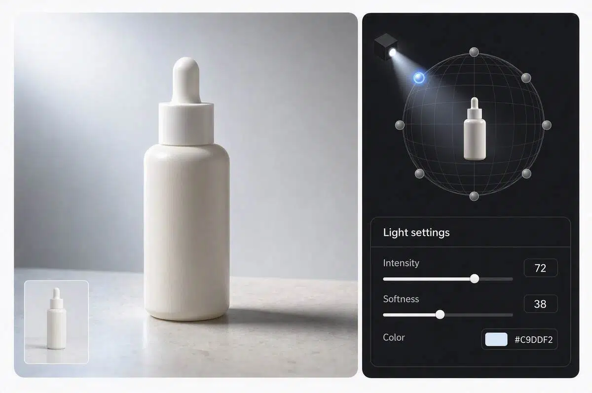 Product relighting preview with a spherical light selector and intensity, softness, and color controls
