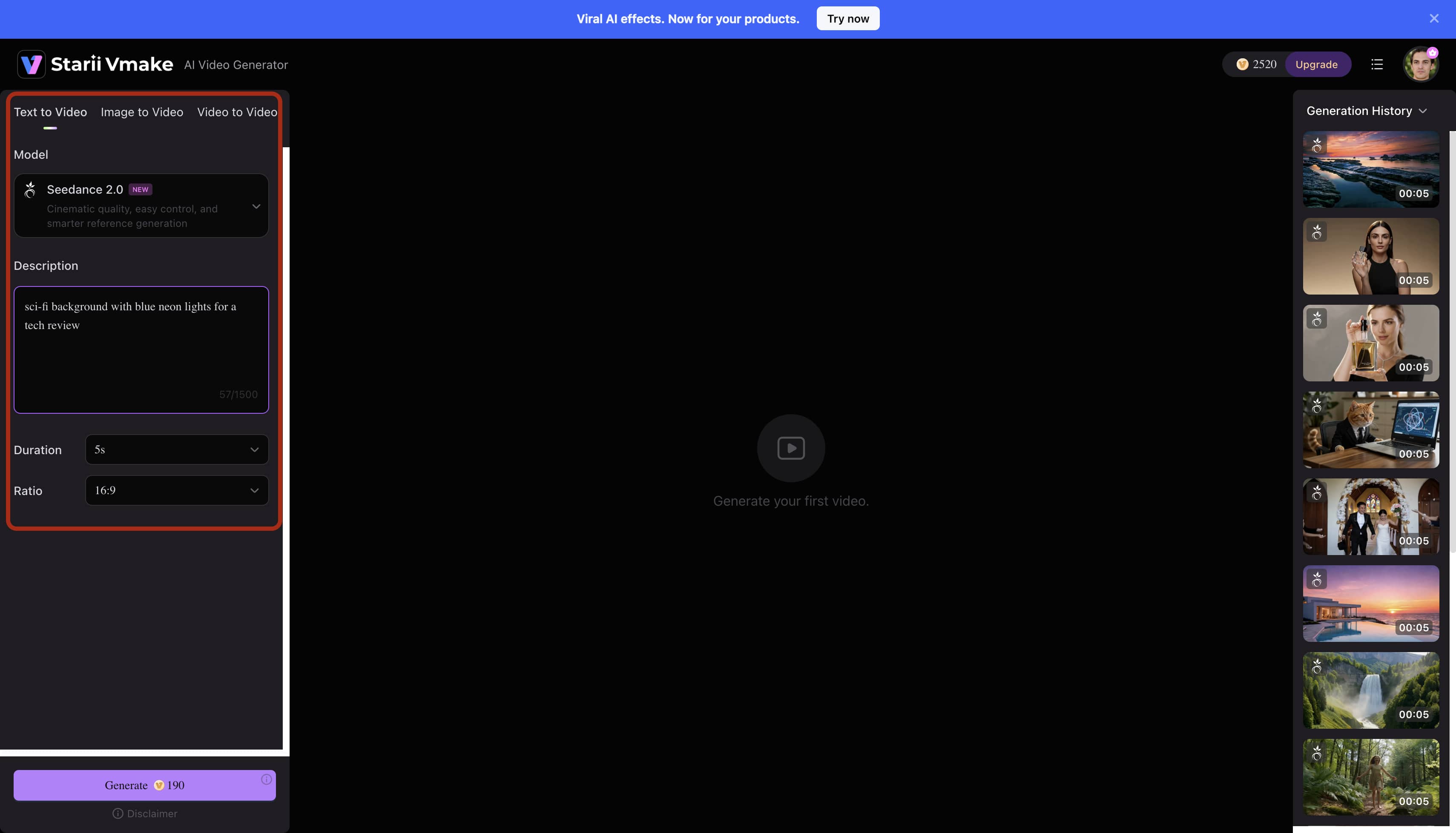 Select aspect ratio, add description command, and 'generate' the AI video
