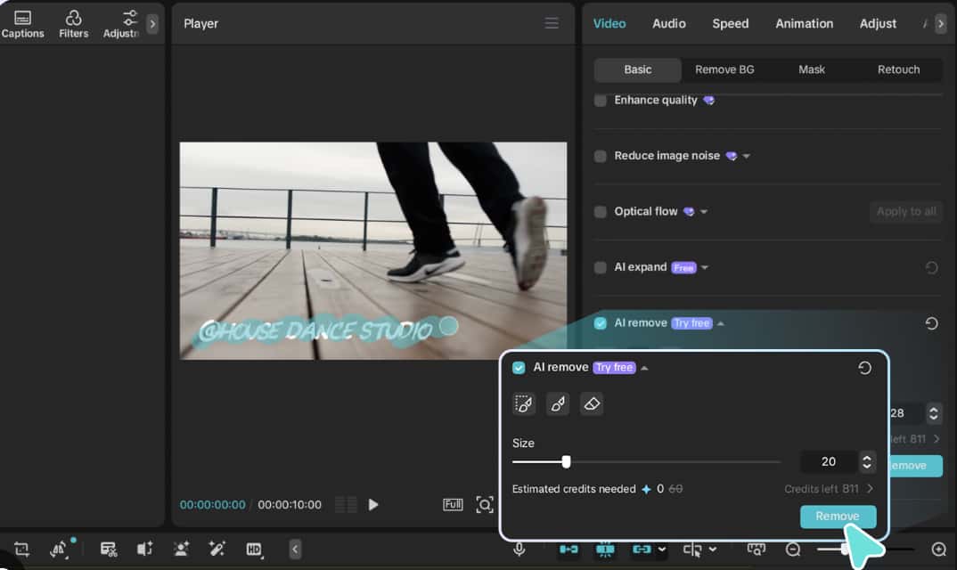 CapCut AI can be used for removing simple watermarks through the above steps