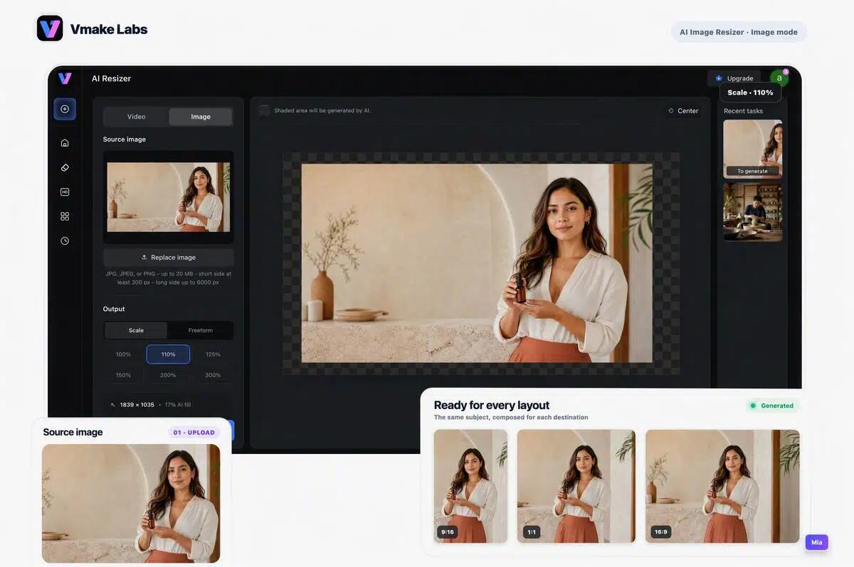 Vmake Labs AI Image Resizer workspace with one source image and portrait, square, and landscape outputs