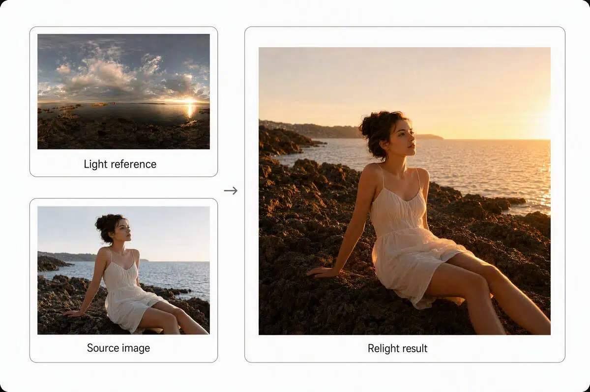 Before-and-after AI relighting expanding a seaside portrait with warmer light