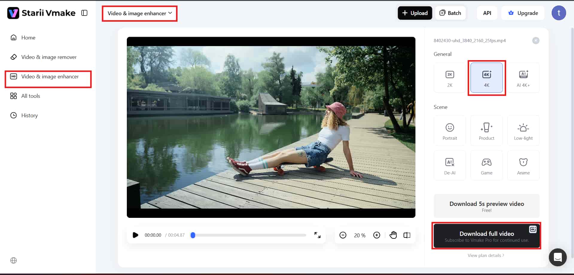 Previewing enhanced video before downloading.