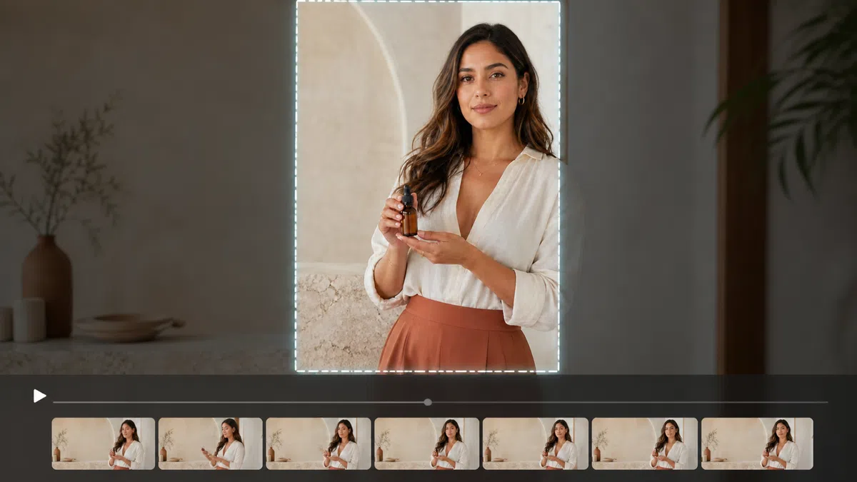 Skincare creator video shown with a centered 9:16 safe frame and gray timeline playhead