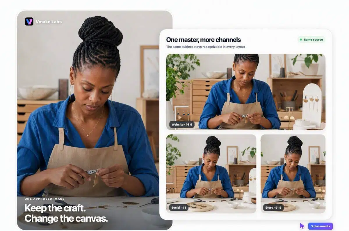 Vmake Labs AI Image Resizer reusing one jewelry designer image across website, social, and story layouts