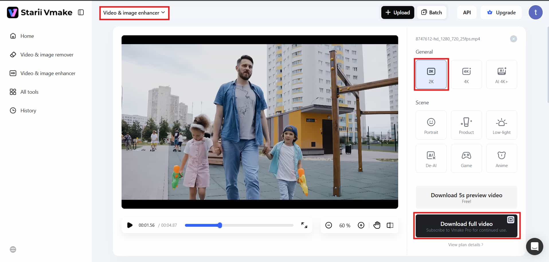 Download upgraded 1080p video after processing.