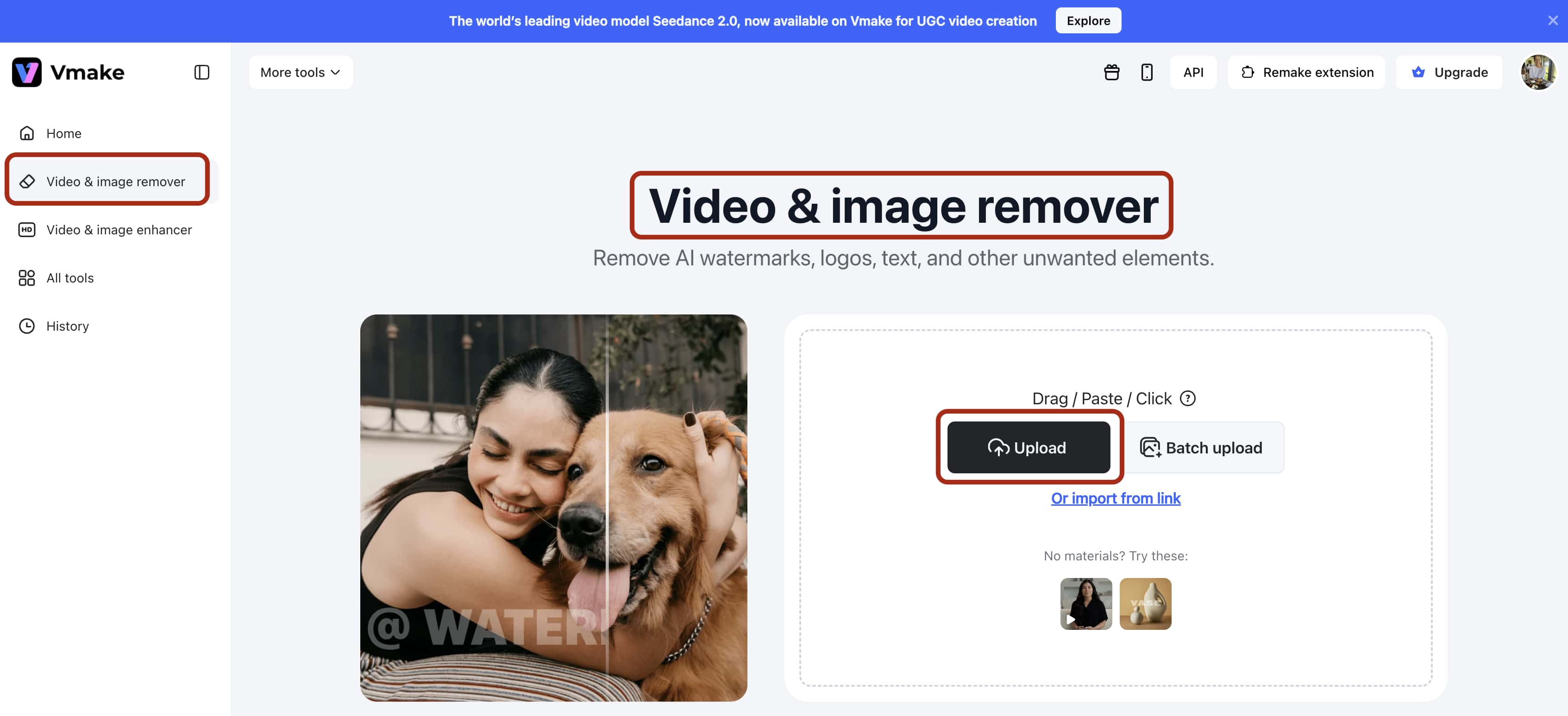 Upload the watermarked video from CapCut directly onto the Vmake AI platform