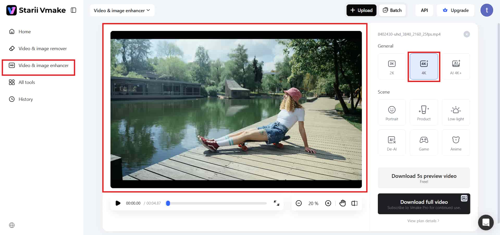Selecting video enhancement settings in Vmake 