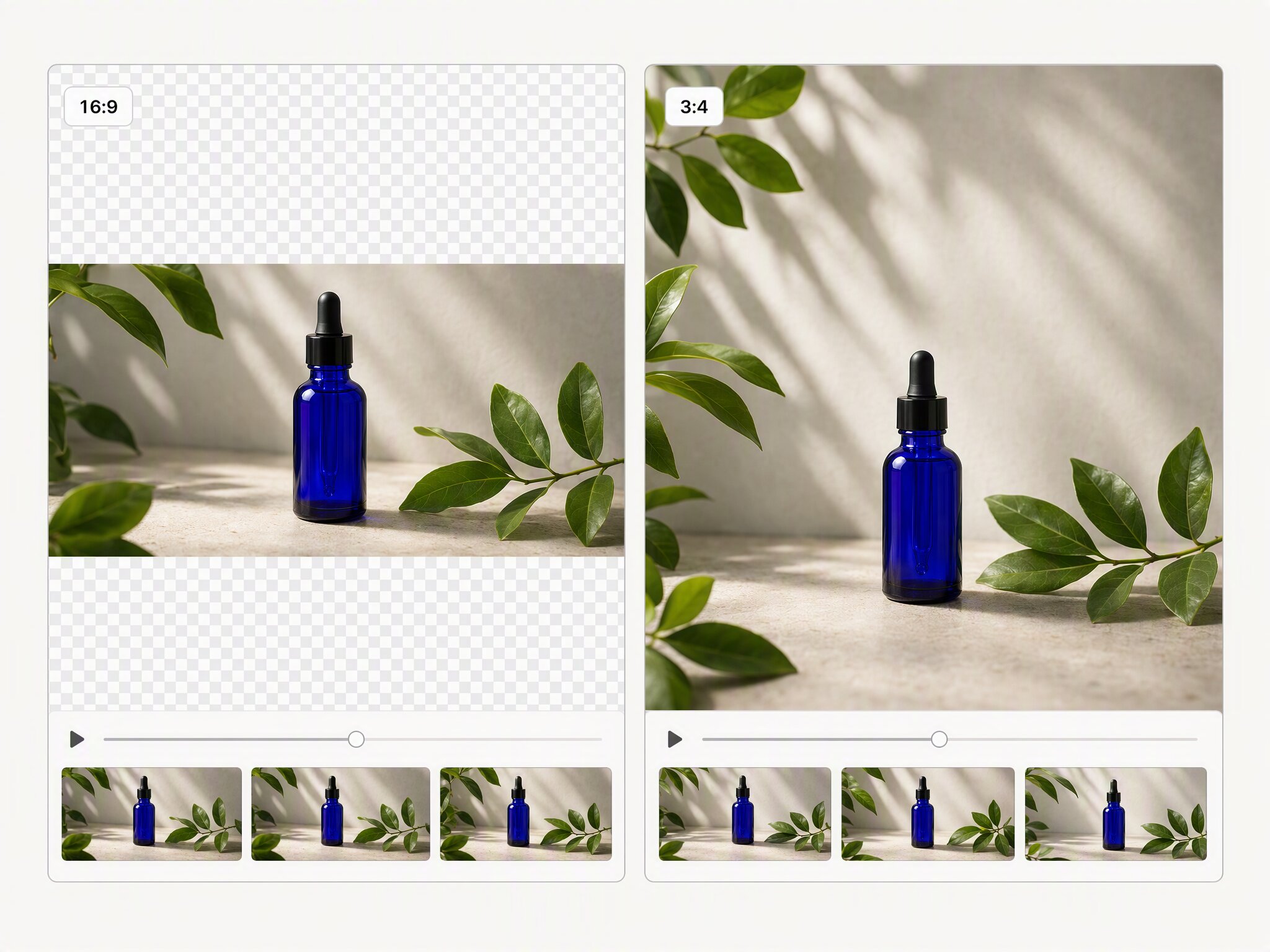 AI video expansion preview comparing a landscape and portrait skincare product clip