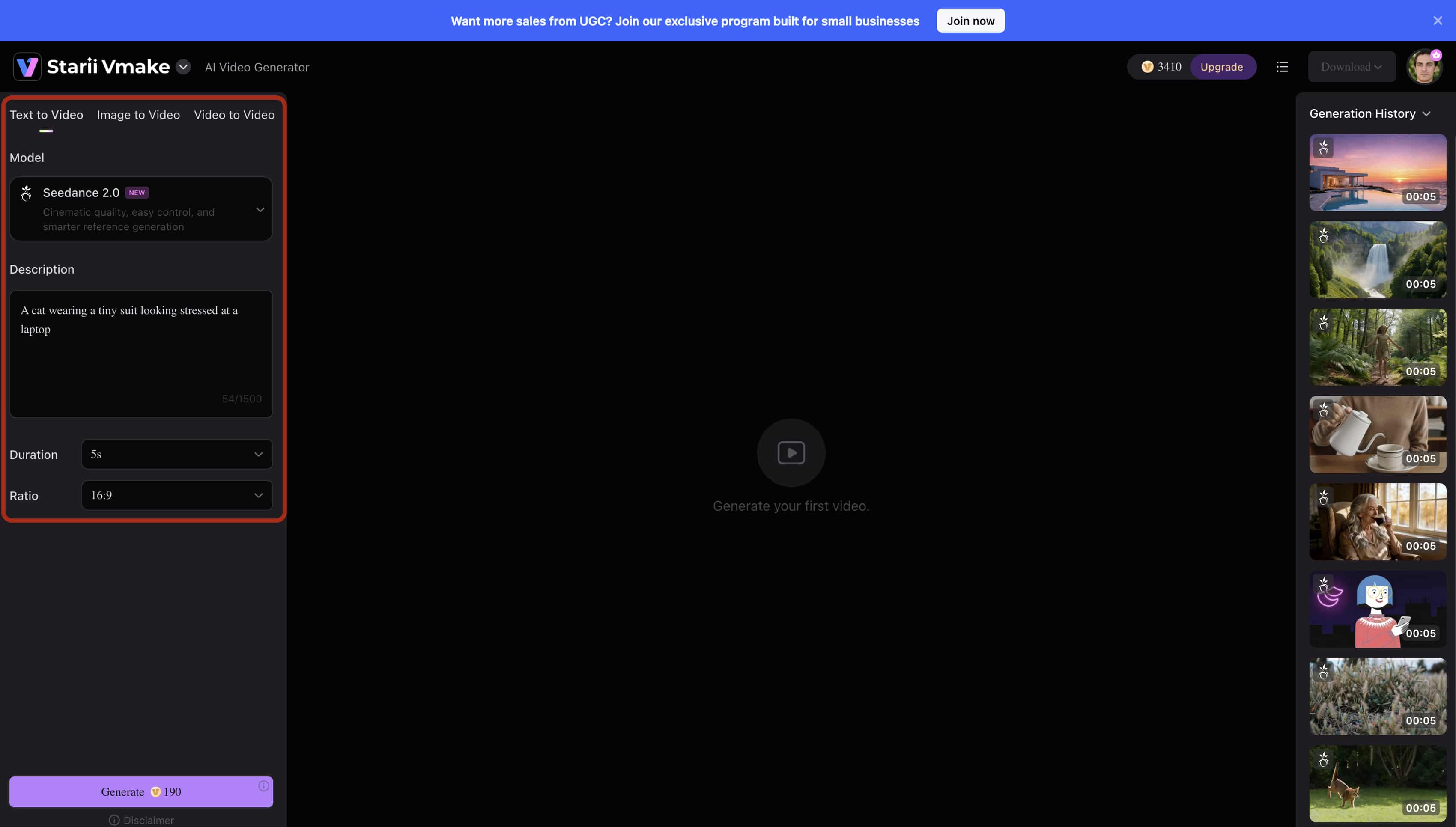 Add the required text command in the 'Text to Video' feature and click 'Generate'