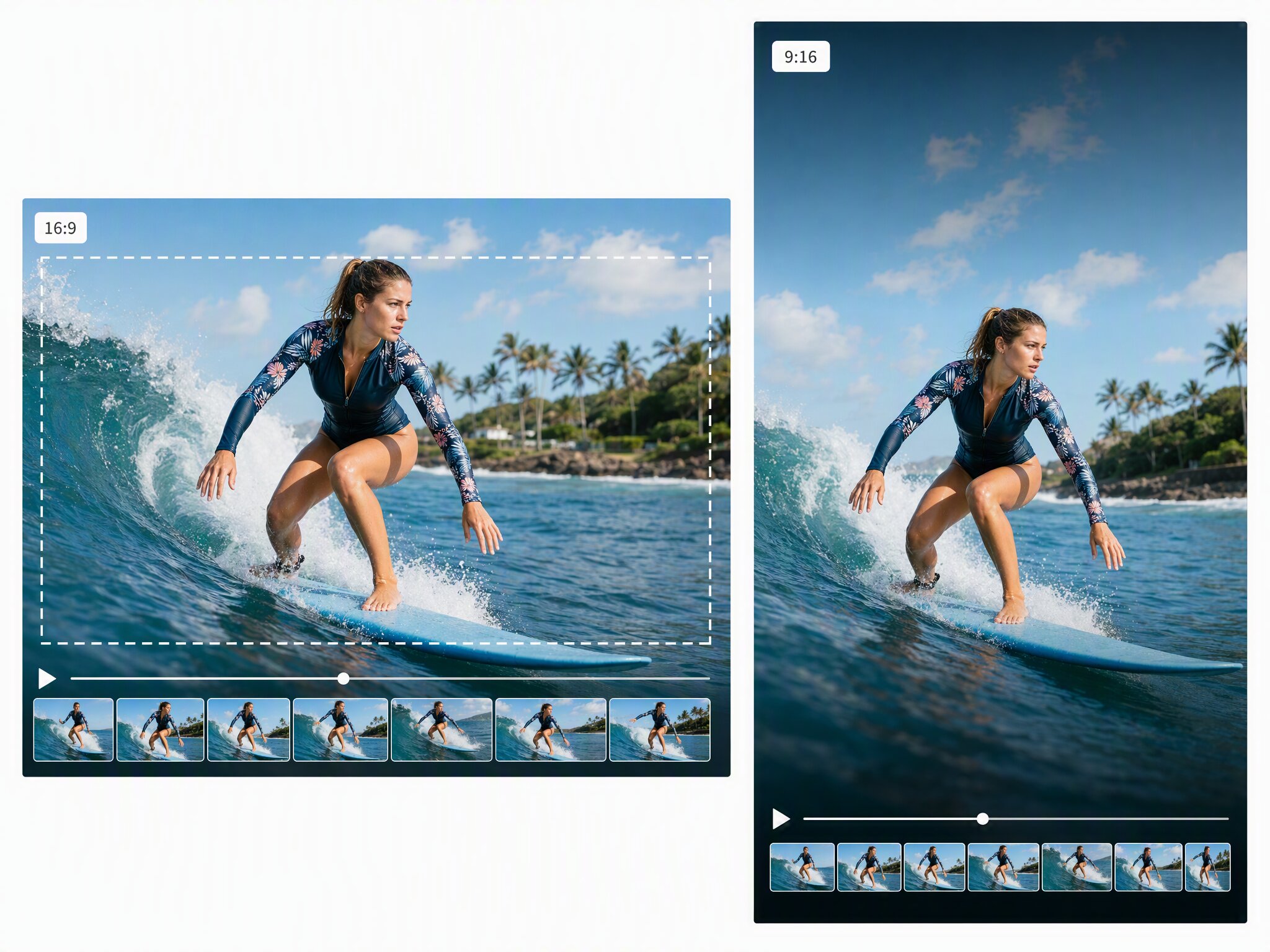 AI video expansion preview comparing landscape and portrait surfing footage
