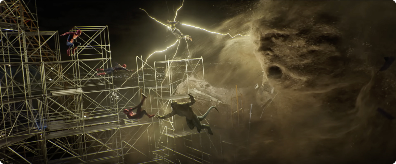 Spider-Man and Hulk amid the collapsing high-rise sequence