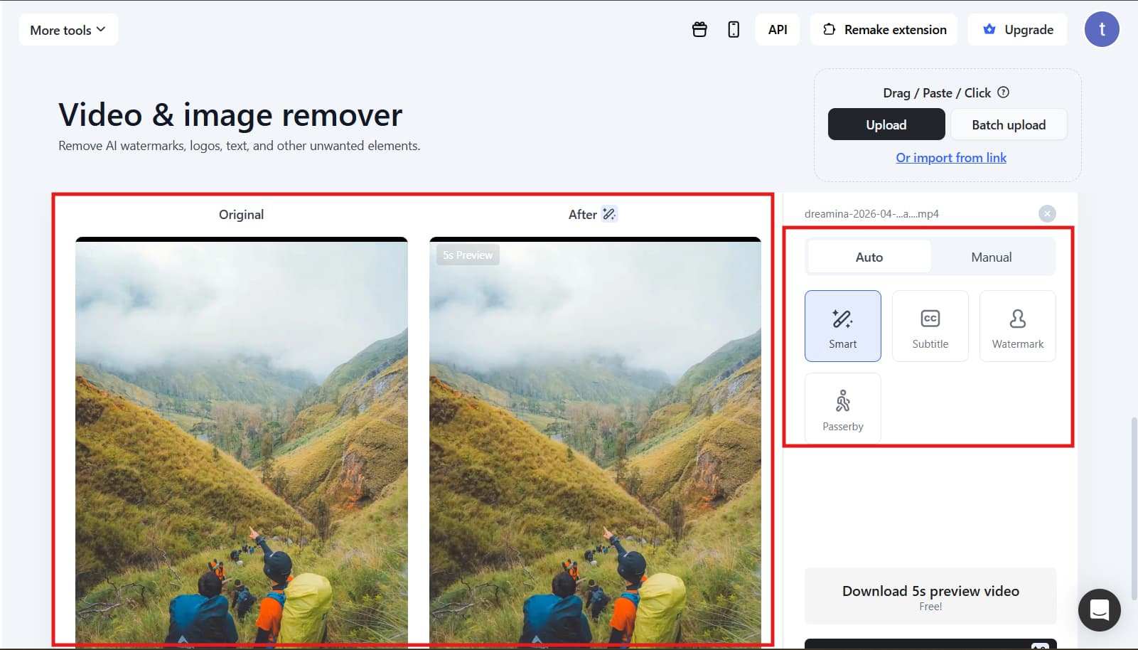 Vmake AI detects and removes watermarks in auto mode