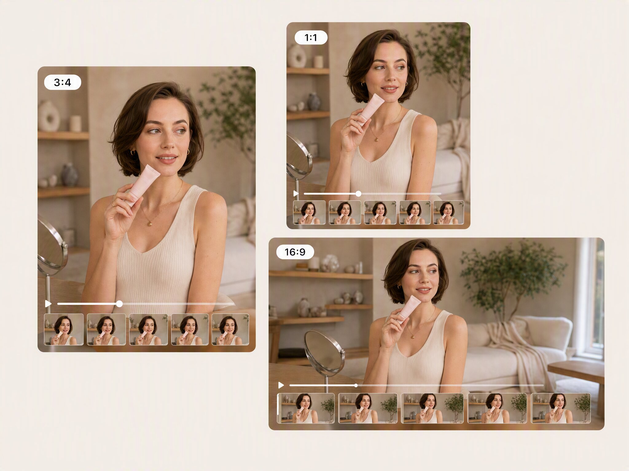 AI video expander preview showing one skincare clip in 3:4, 1:1, and 16:9 formats
