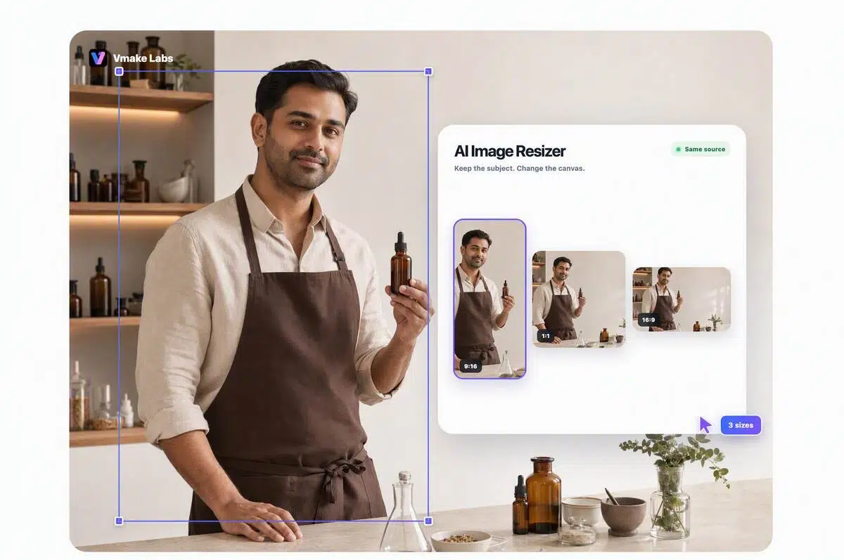 Vmake Labs AI Image Resizer keeping a skincare founder visible while creating space for product copy