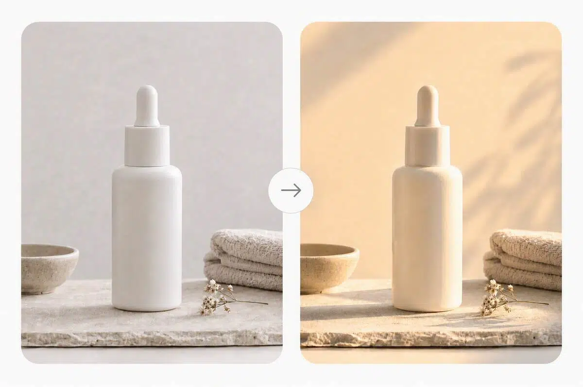 Before-and-after AI relighting of a product bottle with warm directional light