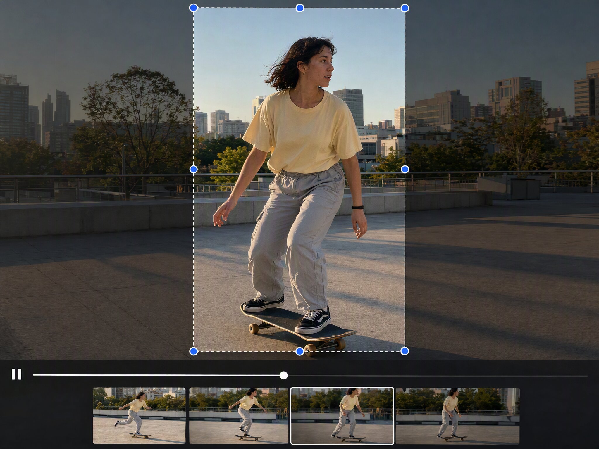 AI video expander preview showing a skateboarder in a wider rooftop scene