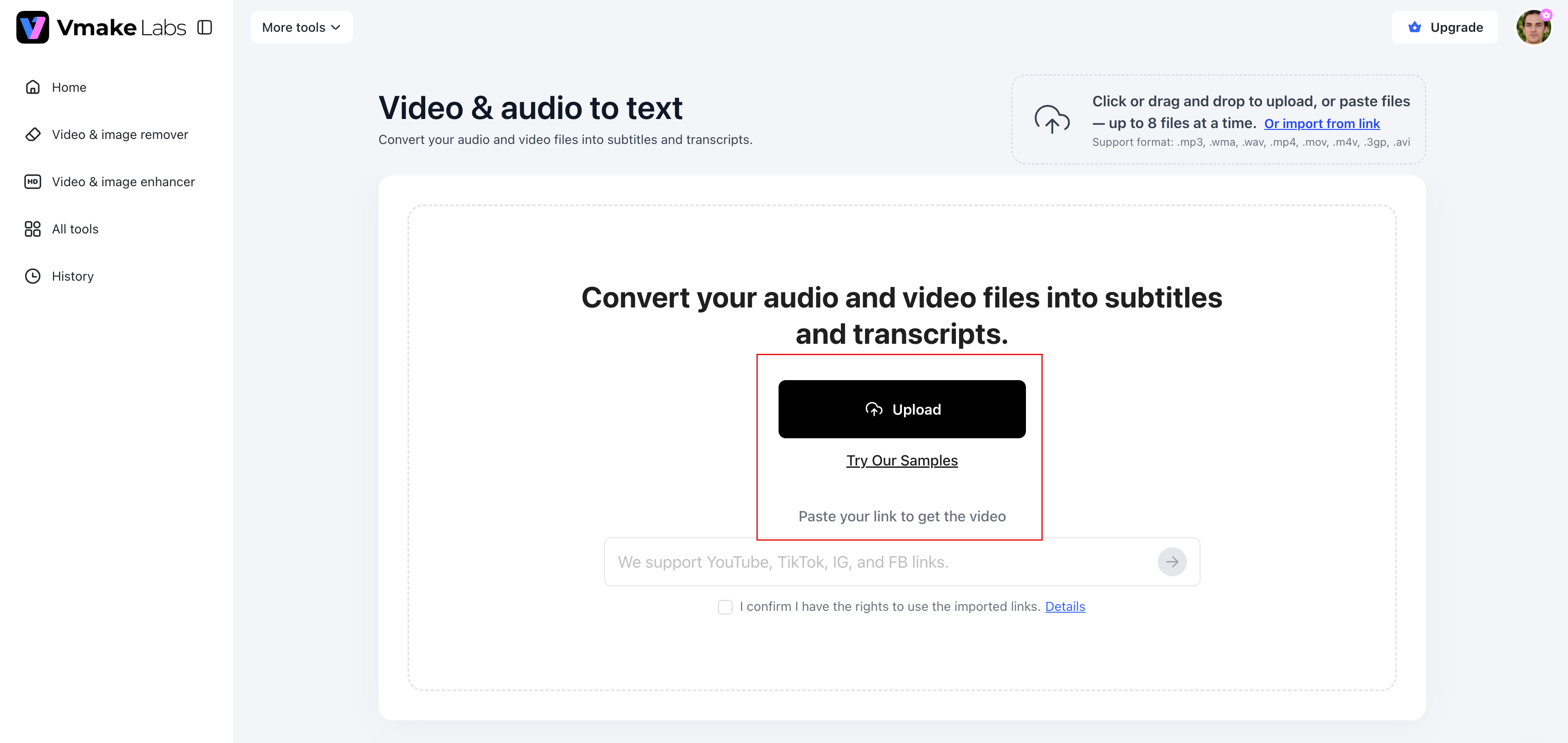 text Upload your audio, video, or link