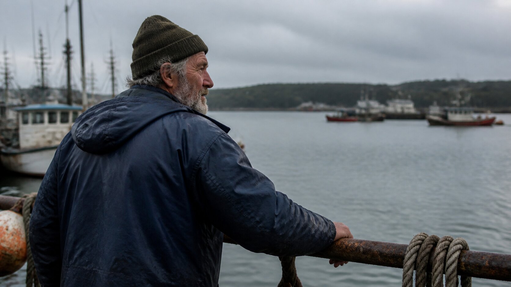Elderly fisherman in a navy jacket looking across a working harbor, used as the shared cinematic comparison input.