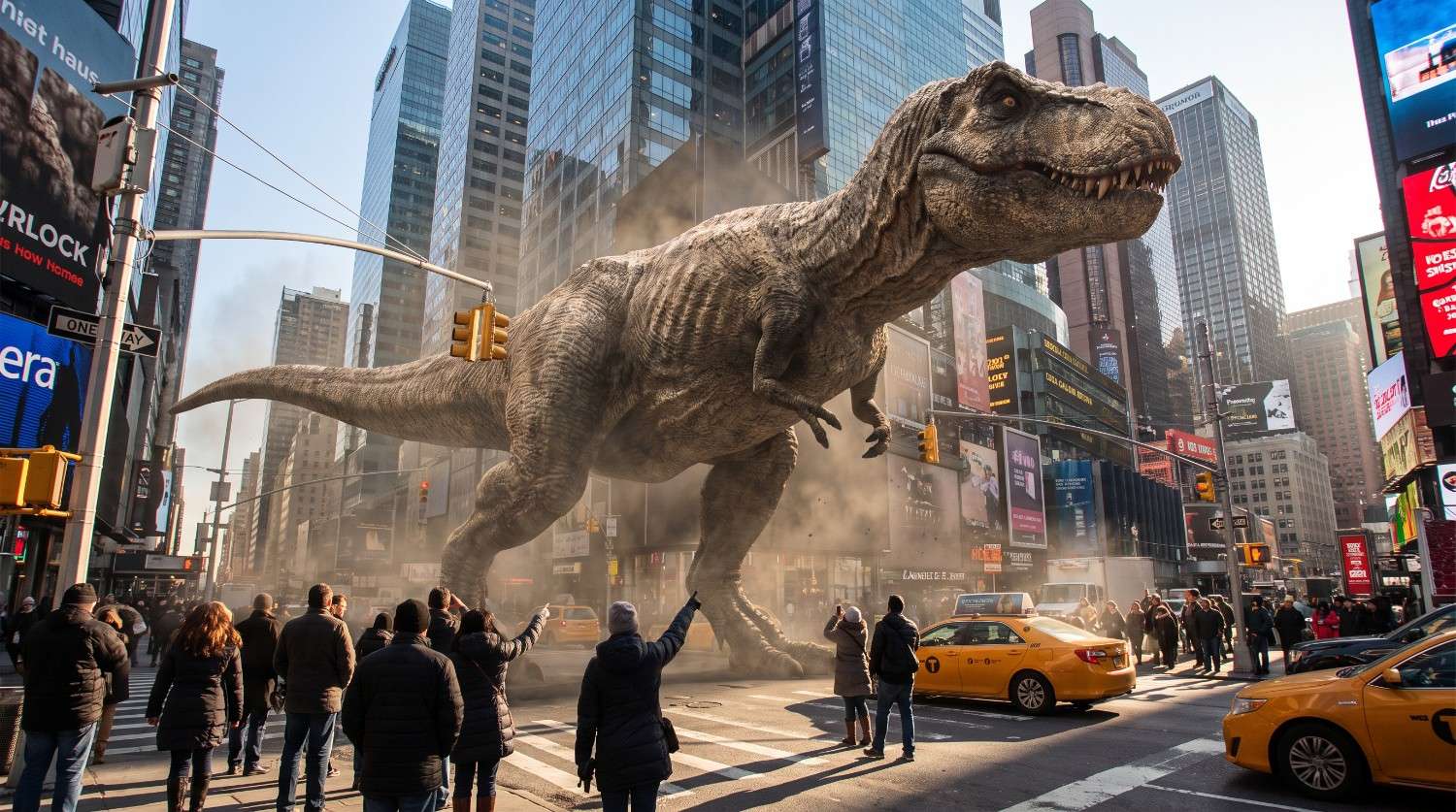 Dinosaur walking through a modern city
