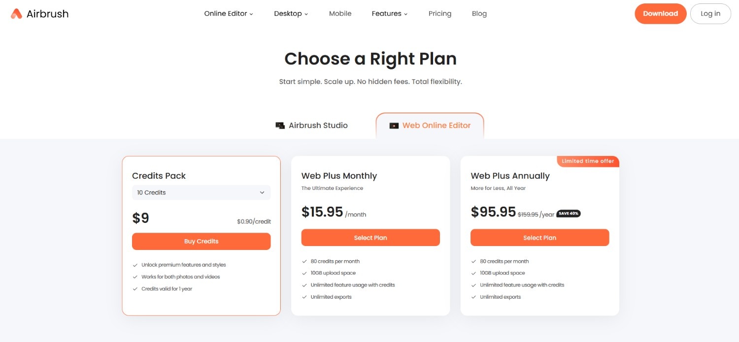 text Airbrush's pricing plans