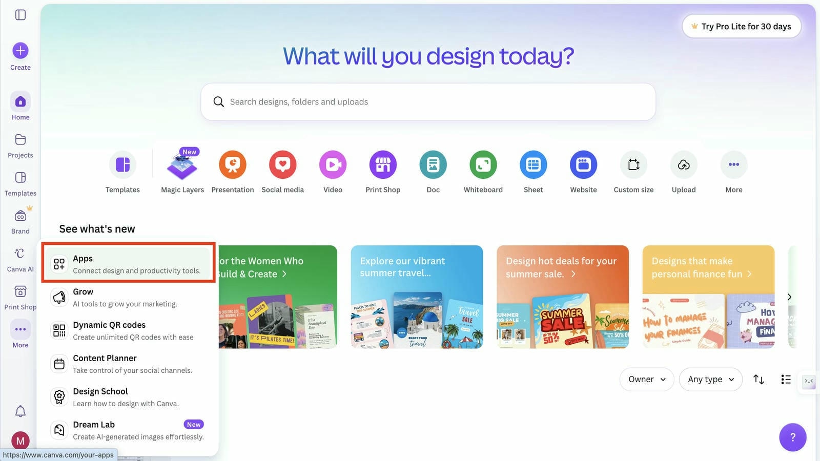 Canva Home with Apps highlighted
