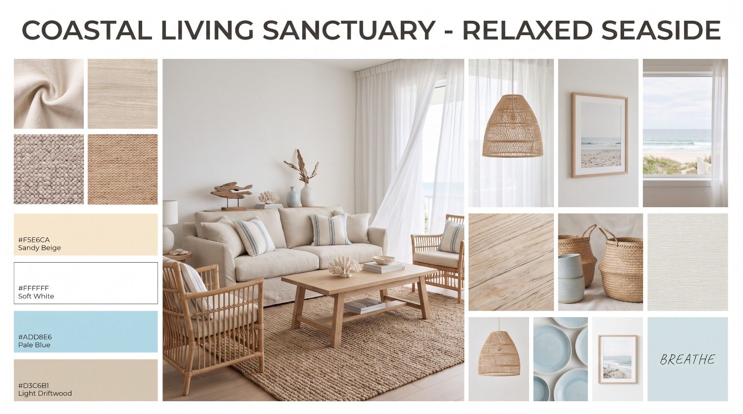text Coastal living room mood board interior design