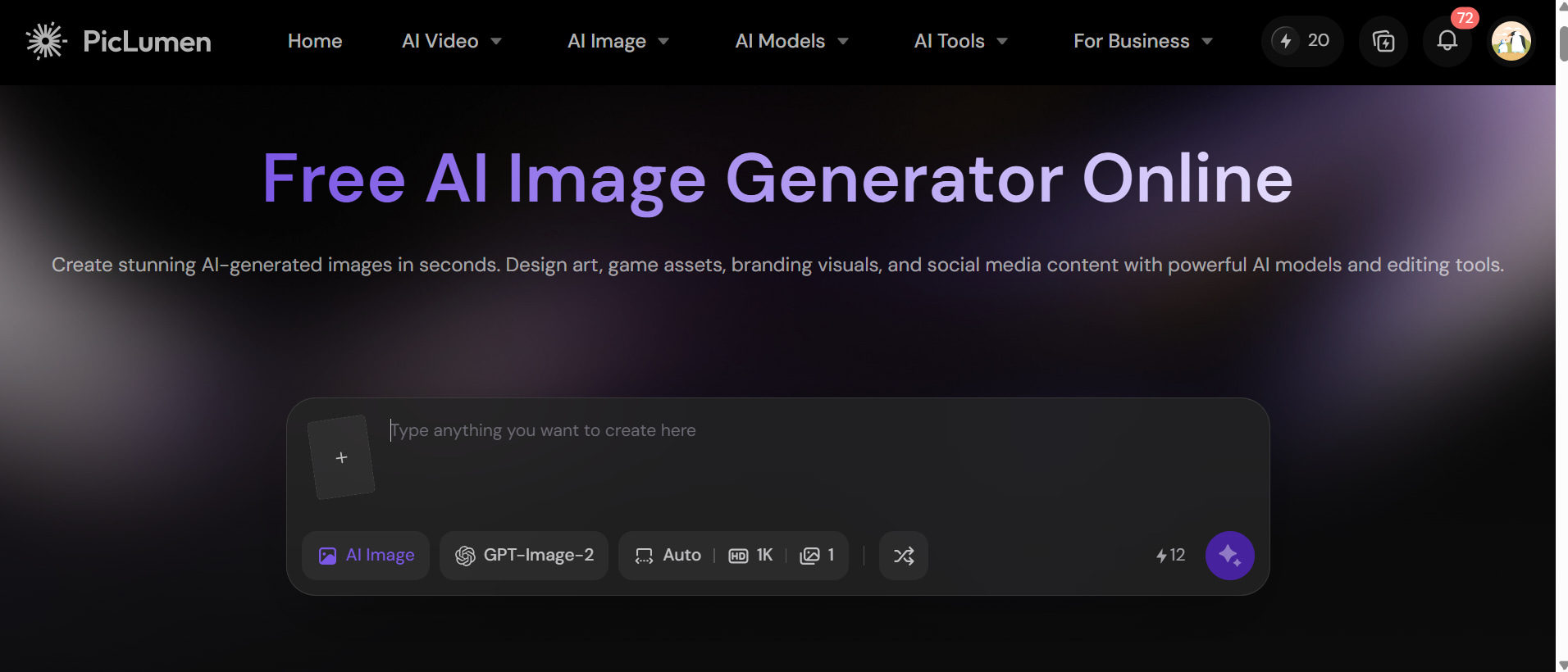 text Open PicLumen and choose an image generation model